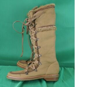 Cole Haan Tan Leather Shearling Lined Tall Lace Up Boots Zip Scalloped Trim W7.5
